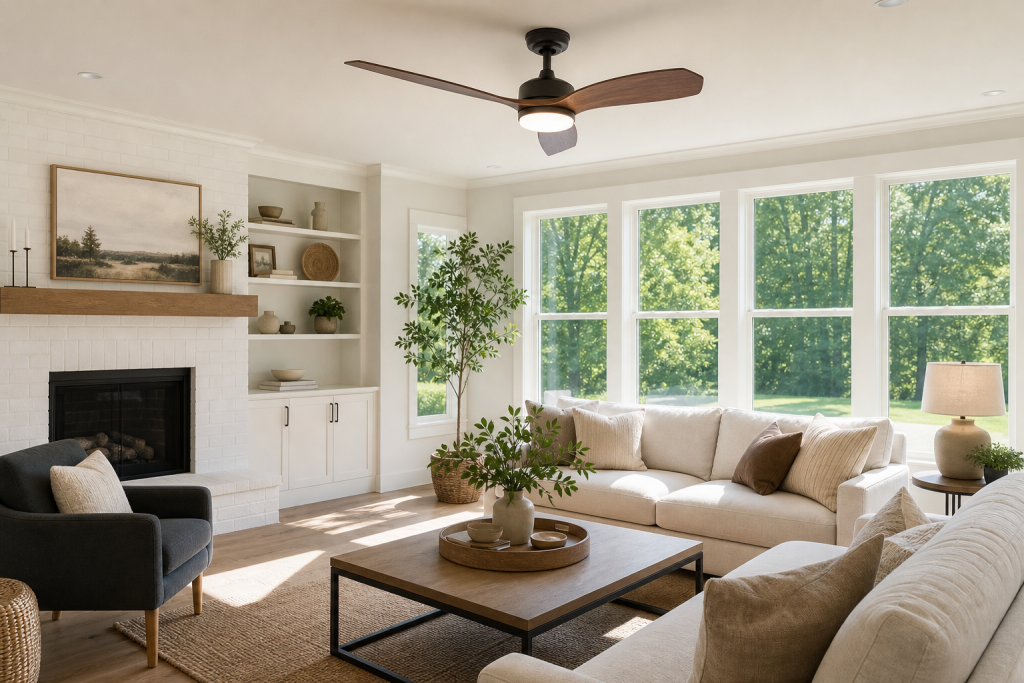 Modern ceiling fan running in a bright Ohio living room during summer