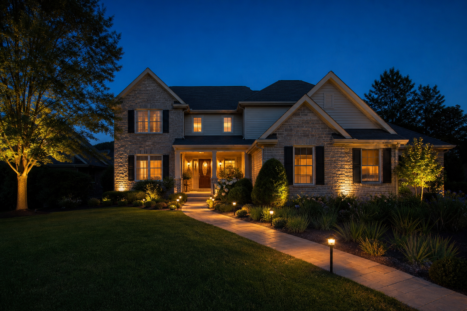 Outdoor lighting installation on a Central Ohio home at dusk