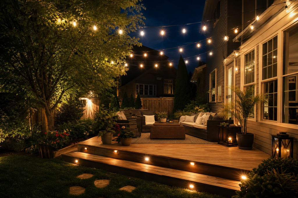 Modern outdoor patio with hardwired string lights and deck lighting at night