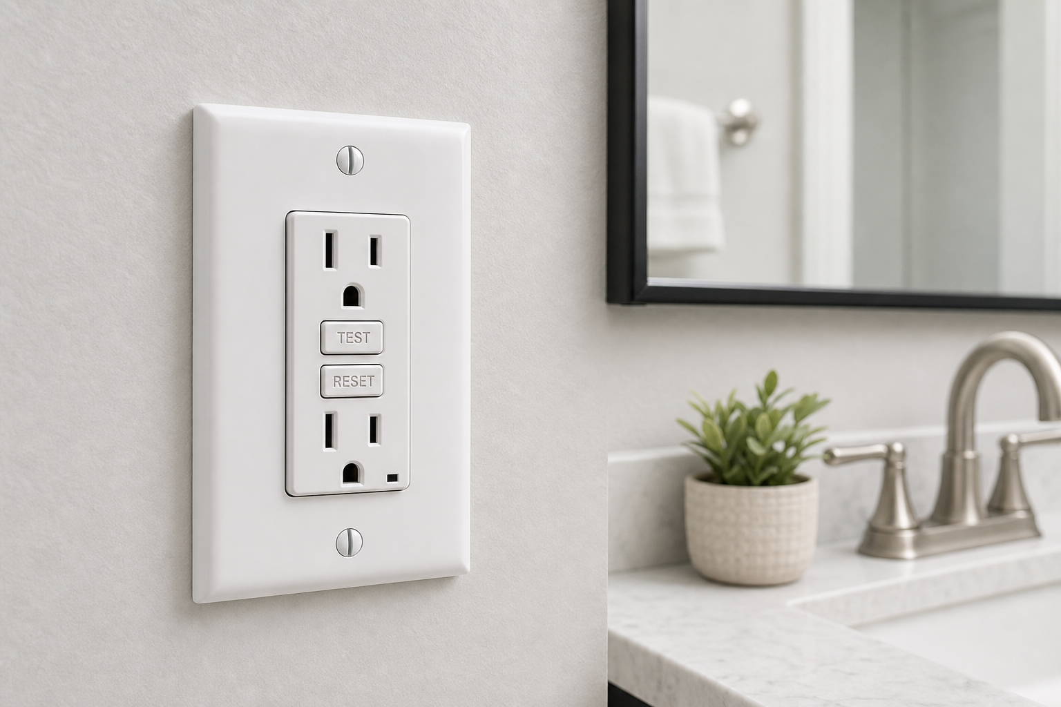 GFCI outlet with Test/Reset buttons in bathroom