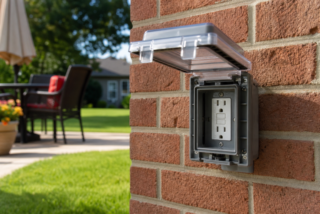 Weatherproof GFCI outlet on exterior brick wall