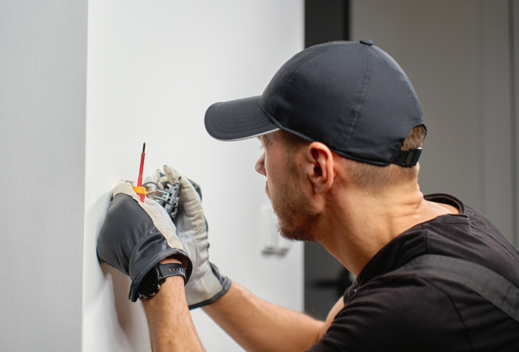 Electrician installing GFCI outlet in kitchen