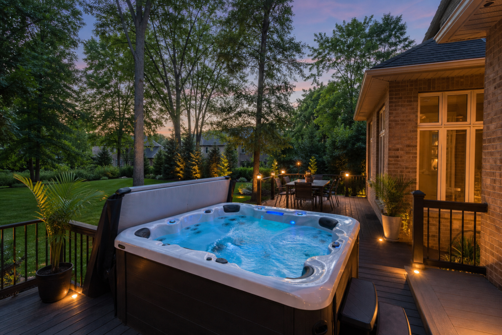 Finished hot tub on deck at dusk