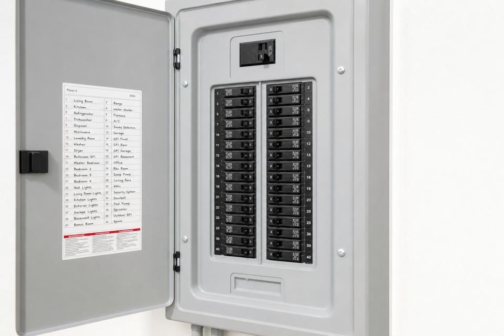 Modern 200-amp electrical breaker panel with labeled circuits