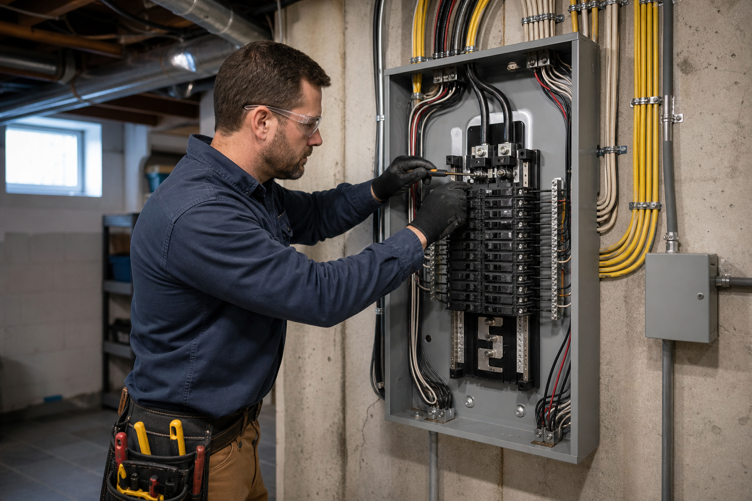 Licensed electrician performing an electrical panel upgrade in an Ohio home