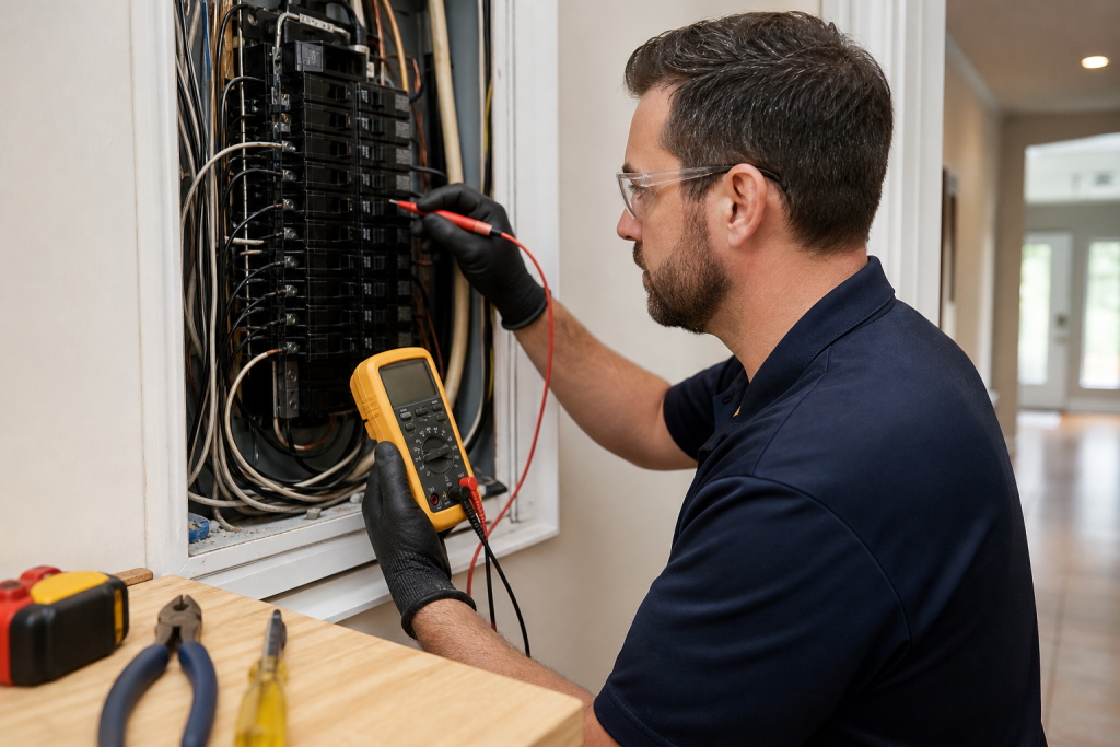 Electrician inspecting wiring during a residential panel upgrade