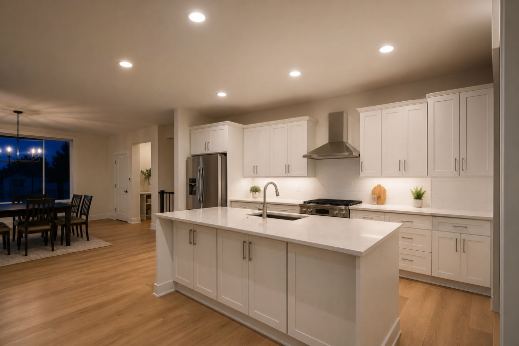 recessed lighting installation in a Columbus Ohio kitchen with six flush LED downlights
