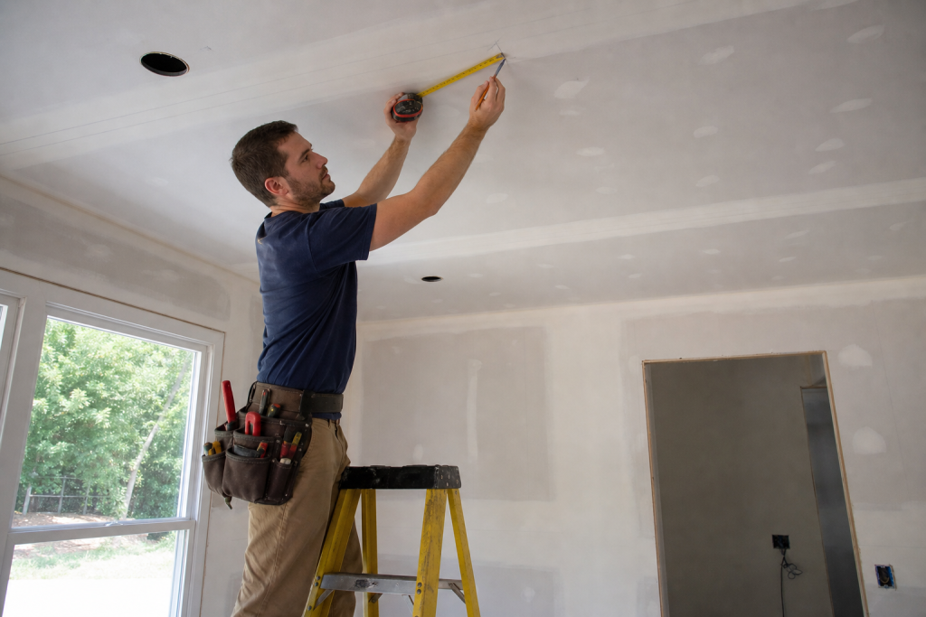 electrician measuring and marking a ceiling for recessed lighting installation