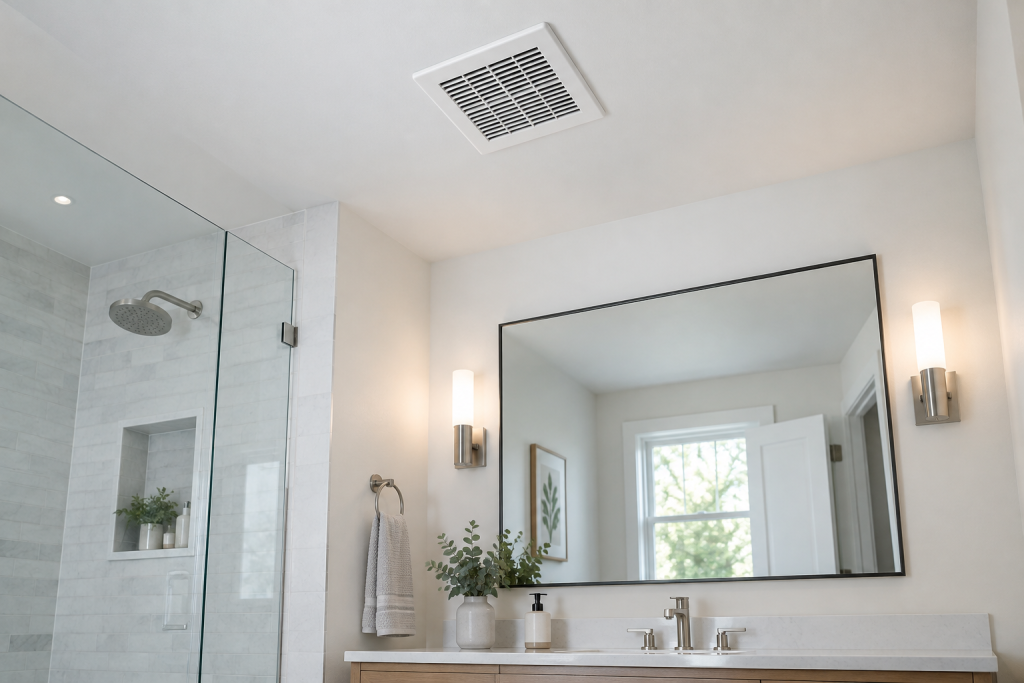 New bathroom fan grille after installation in an Ohio home