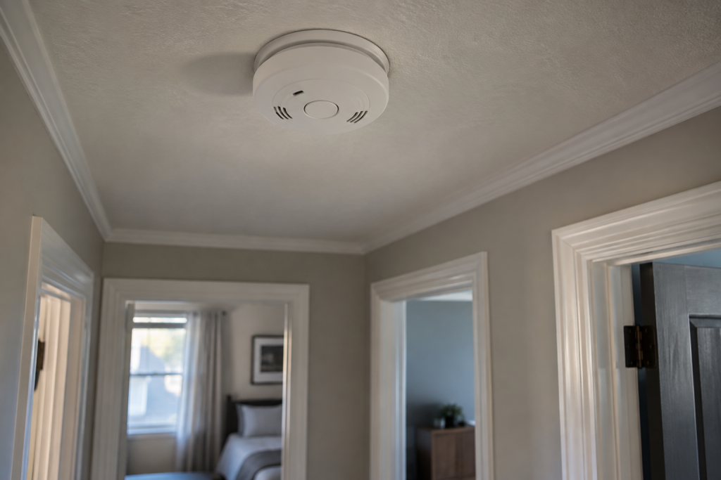 Hardwired CO alarm on a hallway ceiling